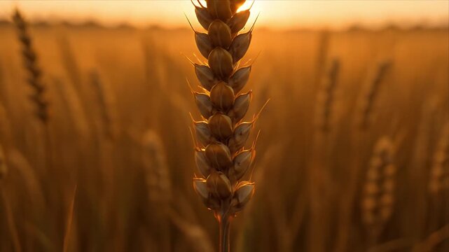Wheat grain field wheat spike close up grain cereal agriculture in golden field at sunset, extreme close up with soft bokeh background, warm backlight, natural texture, calm rural harvest mood scene