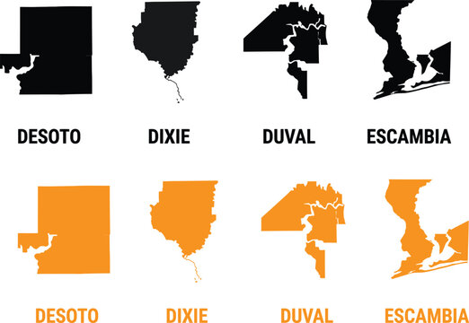Florida county map silhouettes of desoto dixie duval and escambia in black and orange
