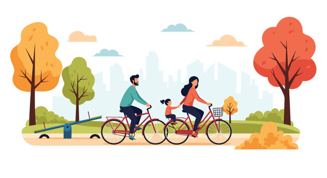 Happy family with a small child enjoying a bike ride together through a scenic park filled with colorful autumn trees.