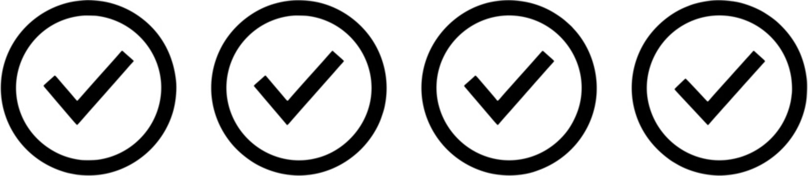 Set of four green check mark icons in circles on white background for approval and verification tasks