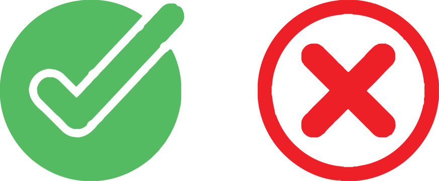 Green check mark and red cross sign icons for true or false choice and survey feedback selection