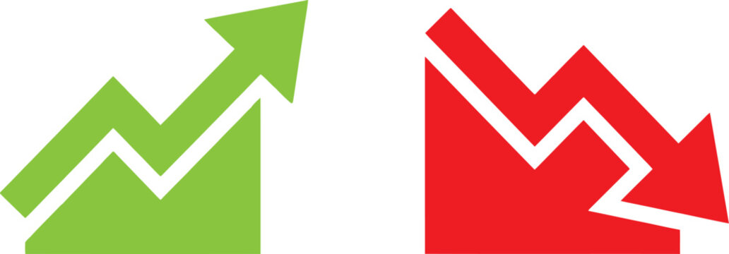 Green rising arrow and red falling arrow business growth and decline charts
