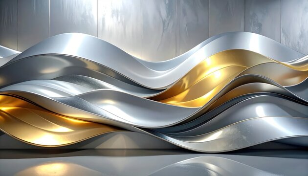 Abstract 3D silver and gold waves on metallic background