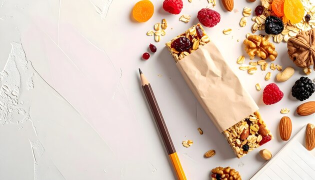 Healthy snack bar wrapper mockup with nuts and berries on a clean light surface