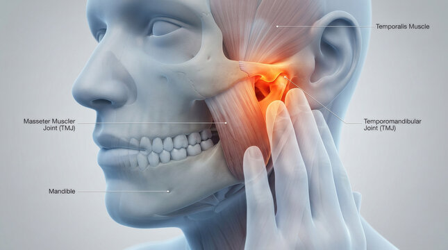 Anatomy illustration of TMJ pain and jaw muscle inflammation
