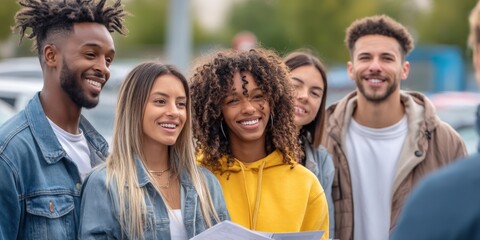 Fototapeta premium Diverse group of smiling young adults, friends laughing together outdoors, enjoying casual conversation and good times