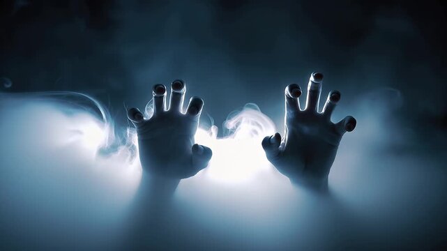 Hands emerge from fog in a dark setting during the night, creating a sense of mystery and intrigue in a shadowy environment