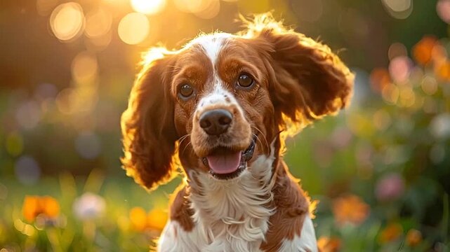 A happy spaniel dog sits in a sunlit garden at sunset