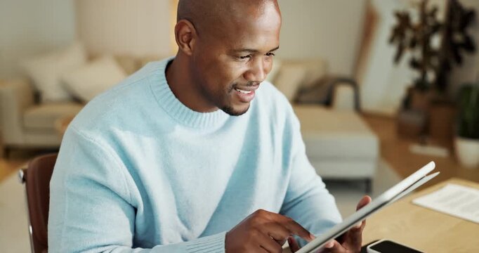 Remote work, research or black man in house with tablet, client report or budget review for funding pitch. WFH, typing or finance advisor with tech, portfolio check or proposal plan for investment.