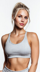 Fototapeta premium beautiful blonde athlete in minimal sportswear isolated on white background, fit athletic woman with gorgeous face wearing modern sportswear in studio, healthy blonde fitness model 