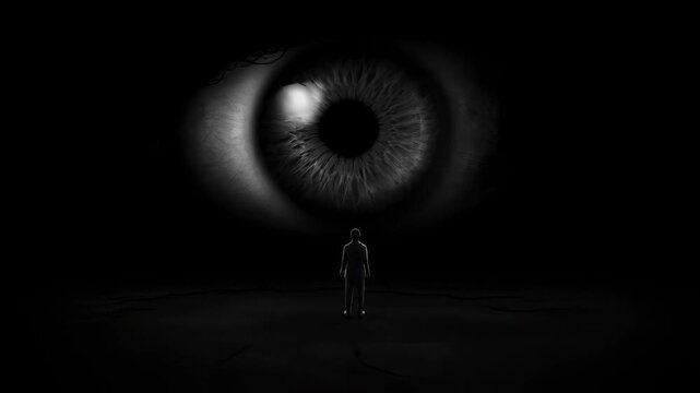 Slow zoom in of lone man confronting giant suspended eye in dark void interior stage, monochrome high contrast composition with dramatic shadow and isolation