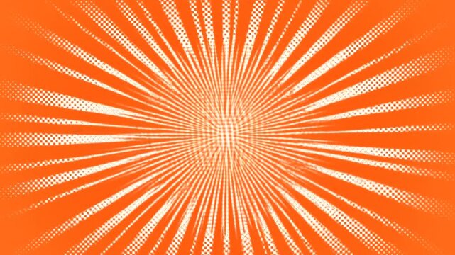 Slow motion zoom of sunburst radial graphic pattern with halftone dots expanding across orange background for studio poster and banner composition