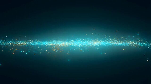 Glowing particles dance in vibrant blue and orange on a dark background