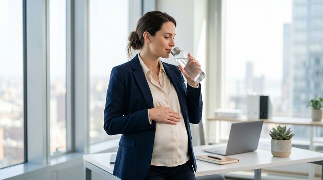 pregnant businesswoman drinking water and touching belly in office
