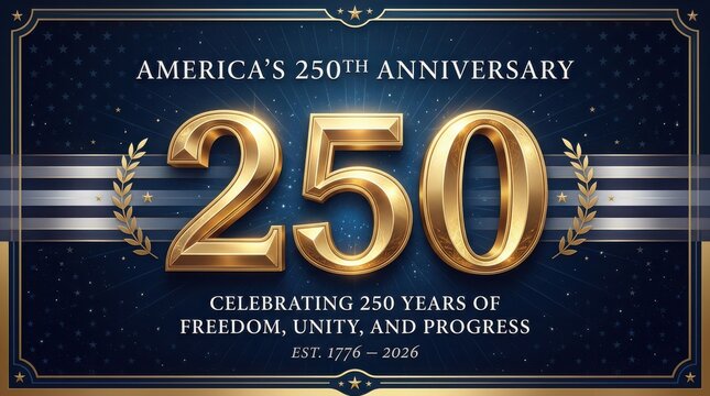 Elegant america 250th anniversary poster featuring golden 250 number surrounded by laurel branches and striped graphics.