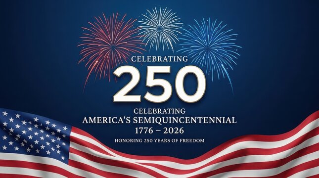 Celebrating america semiquincentennial 250 years anniversary graphic with patriotic fireworks and flowing american flag art.