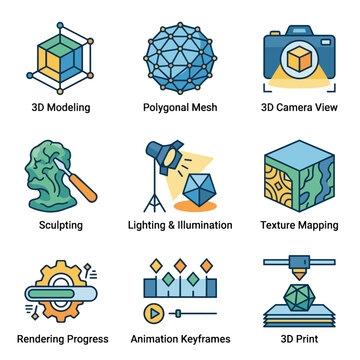 3D Graphics Design and Modeling Icons Set.