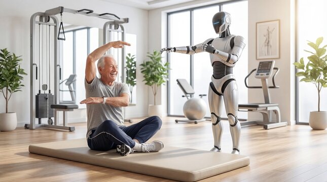 Senior Man Stretching on Mat with Robot Personal Trainer Assisting in Modern Gym 3d render