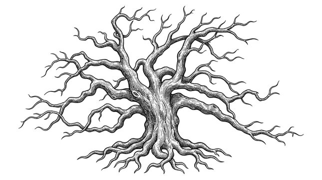 Gnarly leafless tree engraving in hand drawn vintage style isolated on white background.