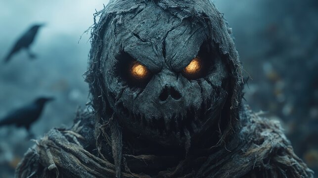 Creepy scarecrow with glowing eyes in foggy field, two crows watching.