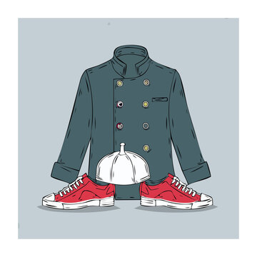 Flat lay illustration of chef jacket, cap, and red sneakers