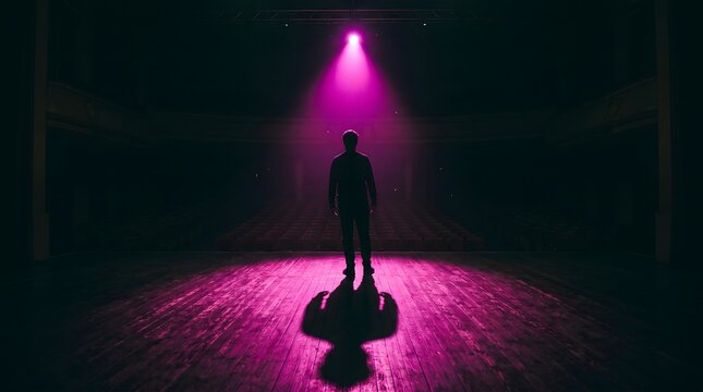 A single performer stands in a vibrant magenta spotlight on an empty stage, casting a long shadow that represents the weight of expectation and the courage of vulnerability.