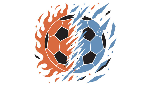 Soccer ball made of fire and ice halves colliding in dramatic clash, elemental sports theme, isolated transparent background vector