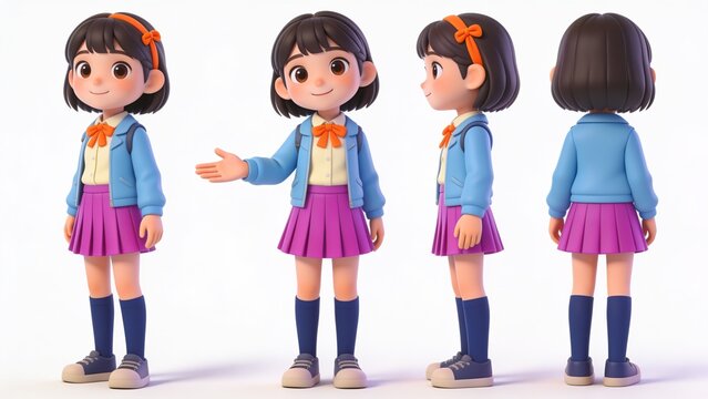 Adorable stylized cartoon student girl shown front, side, back in school uniform with bow and headband, 3D render isolated on white for animation, game asset, education and branding.