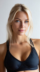Fototapeta premium beautiful blonde athlete in minimal sportswear isolated on white background, fit athletic woman with gorgeous face wearing modern sportswear in studio, healthy blonde fitness model 
