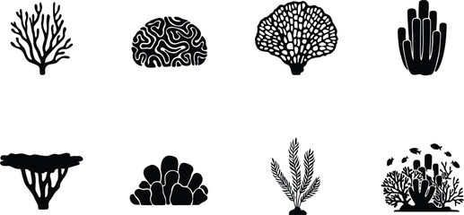 Marine coral silhouette icons featuring diverse reef species including branching, fan-shaped, plate-like, and brain coral designs © Mahabuba
