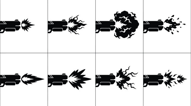 Eight black and white illustrations of gun muzzle flashes and projectile trails explosion bullet