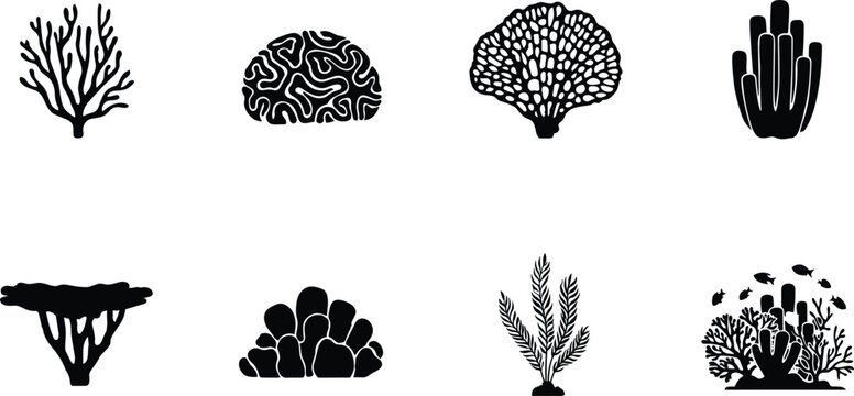 Marine coral silhouette icons featuring diverse reef species including branching, fan-shaped, plate-like, and brain coral designs