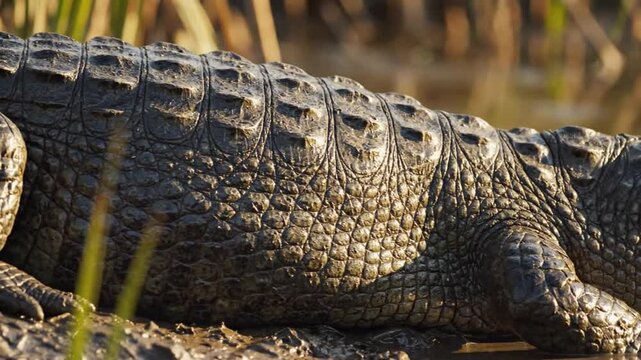 Detailed Close-up of a Crocodile's Scaly Hide in a Natural Habitat