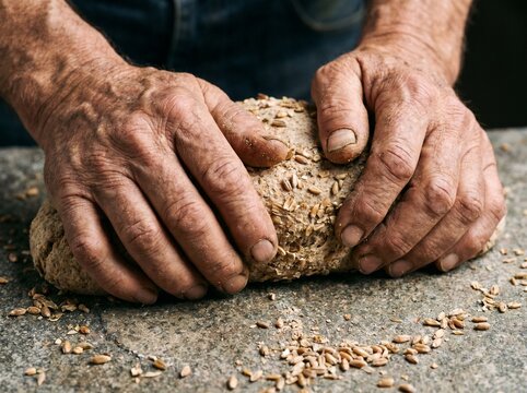 Elderly hands kneading rustic whole grain bread dough