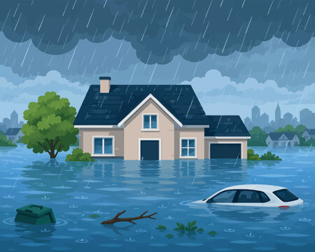 Vsai residential house and car submerged in heavy rain flood