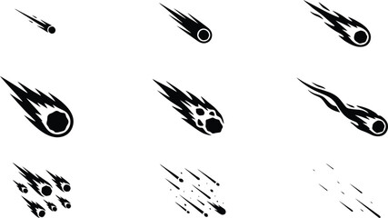 Collection of nine black and white icons depicting meteors and falling objects with trails comet space © Shahzad GFX