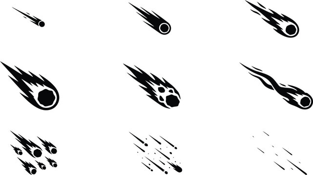 Collection of nine black and white icons depicting meteors and falling objects with trails comet space