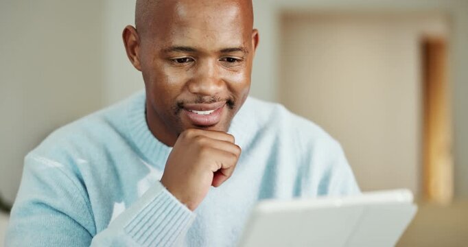 Black man, tablet and thinking in home with remote work, review and report for article project Person, freelance writer and tech with reflection, decision or online feedback for creative proposal