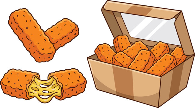 Fried mozzarella cheese sticks and chicken nuggets vector set featuring crunchy snacks with stretchy cheese pull and cardboard takeout box isolated on white background