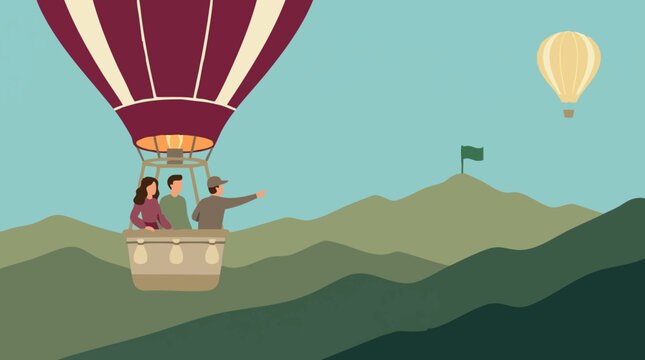 Adventure in hot air balloon, people pointing to target flag on mountain peak