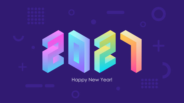 2027 year isometric numbers. Happy New Year background. Trendy bright neon gradients for 2027 new year holiday greetings and invitations. Vector illustration.