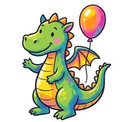Obraz premium Cute green dragon holding a colorful balloon illustration, friendly fantasy creature graphic for kids, whimsical birthday party character art, isolated on white background, bright festive sticker desi