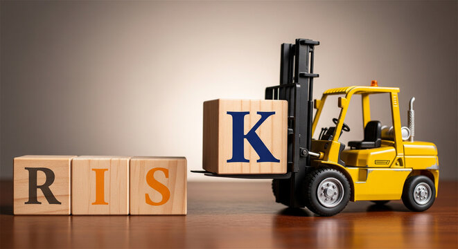 Risk management and assessment concept. Forklift moving a block with letter K. Business strategy and logistics.