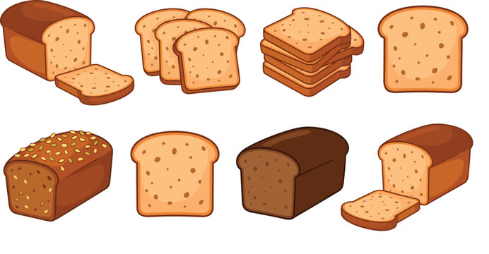 Bakery bread loaves and slices vector collection set featuring whole wheat white rye grain toast and pumpernickel bread isolated on white background