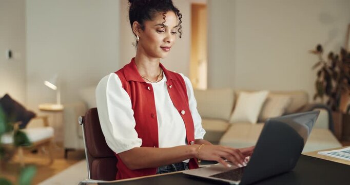 Businesswoman, smile and typing with laptop in home office, accountant or tax submission on website. Remote work, online and person with financial report, audit and filing returns with tech in house