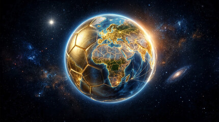 Fototapeta premium Earth soccer planet glowing in deep space with starry cosmic background and nebula light effects