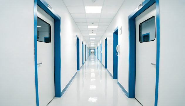 Long empty hospital corridor with blue doors and bright lights