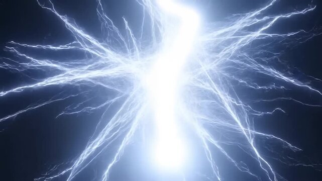 Slow motion zoom in on electric discharge orb with branching lightning bolts radiating and pulsing against dark void background
