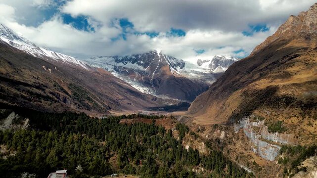 Aerial View of Manaslu Glacier Valley Near Samagaon Village on Manaslu Circuit Trek, Nepal