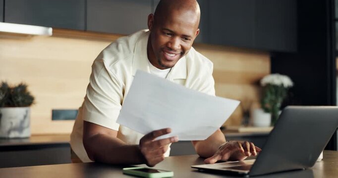 Thinking, laptop and black man with paperwork for home, travel insurance and accommodation booking. Reading, pc and person with embassy documentation for country access, trip consent form and smile